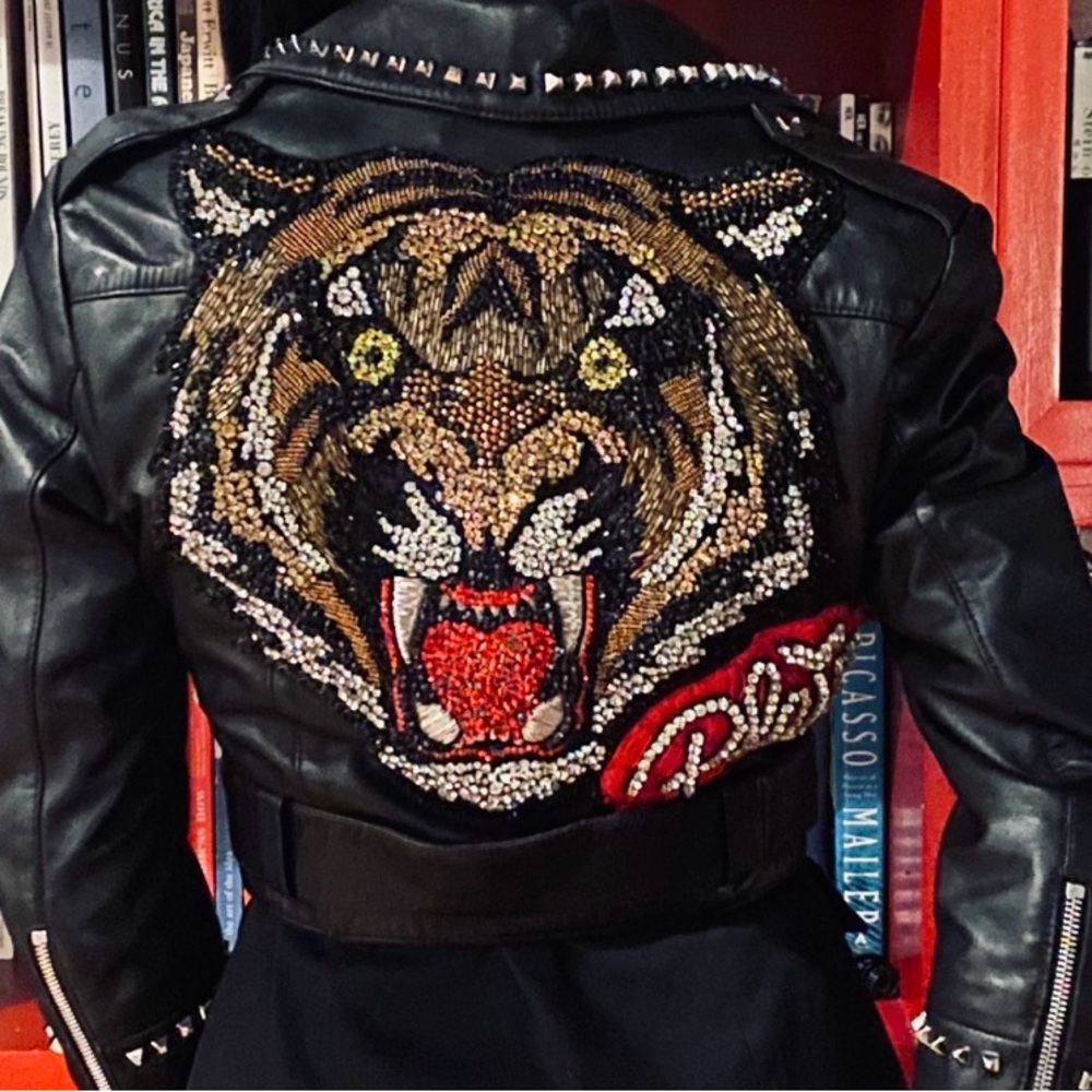 Black Studded Leather Jacket with Embellished Tiger Patch